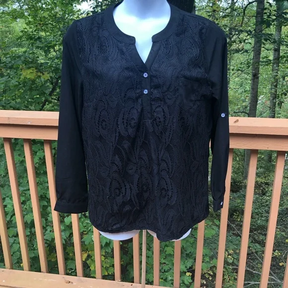 Black Pattern Button Up Back High Low Long Sleeve Top Blouse Shirt XXL - Picture 2 of 5